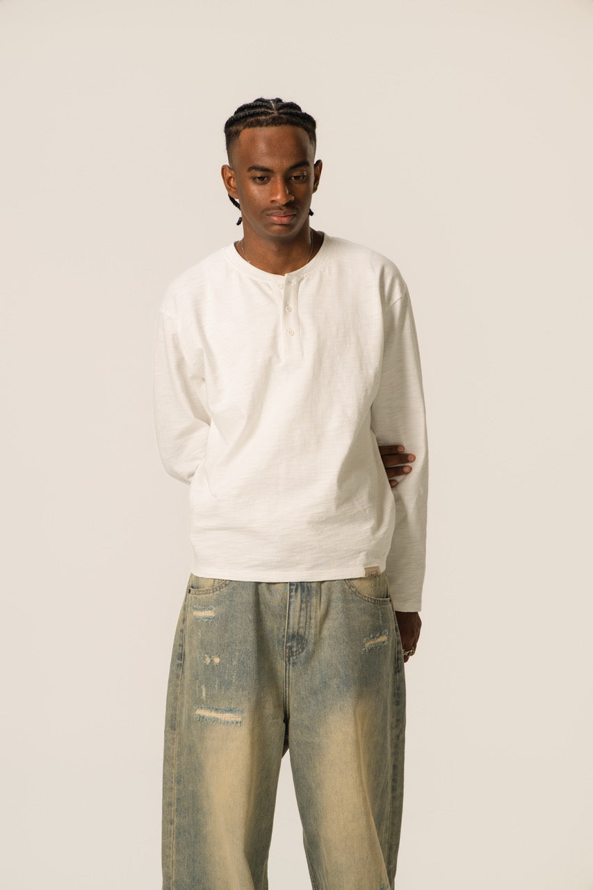 Slub Henley Sweatshirt - White