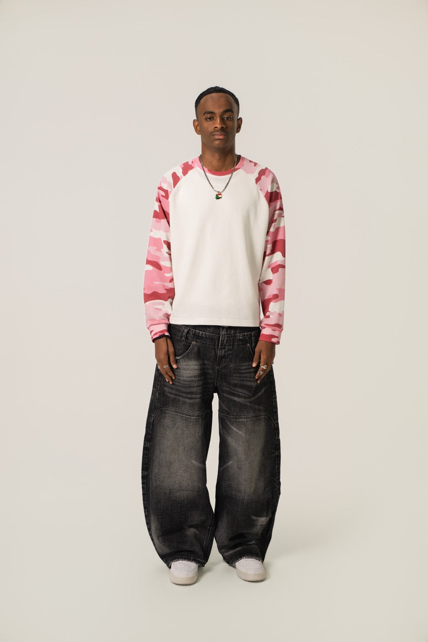 Raglan Waffle Sweatshirt - PinkCamo