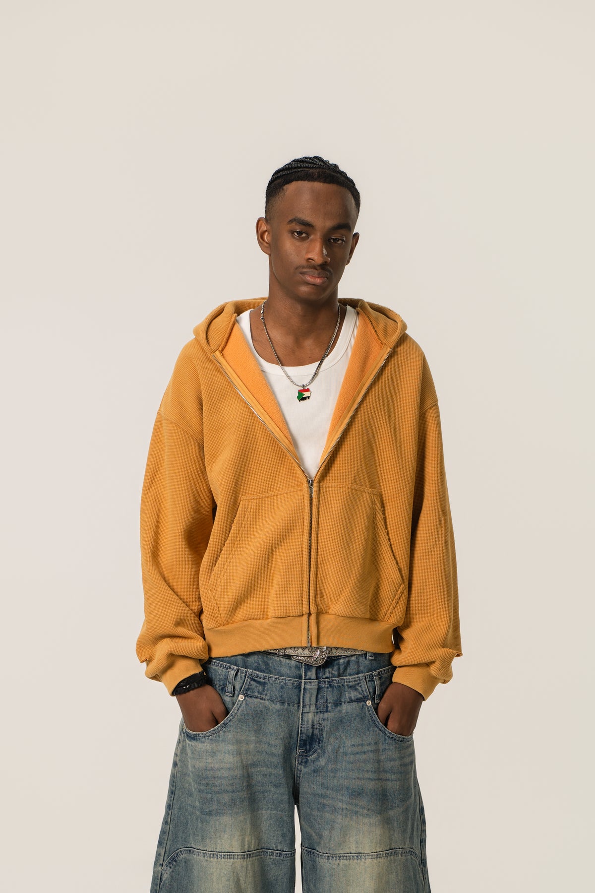 Distressed Waffle Zip up - Gold