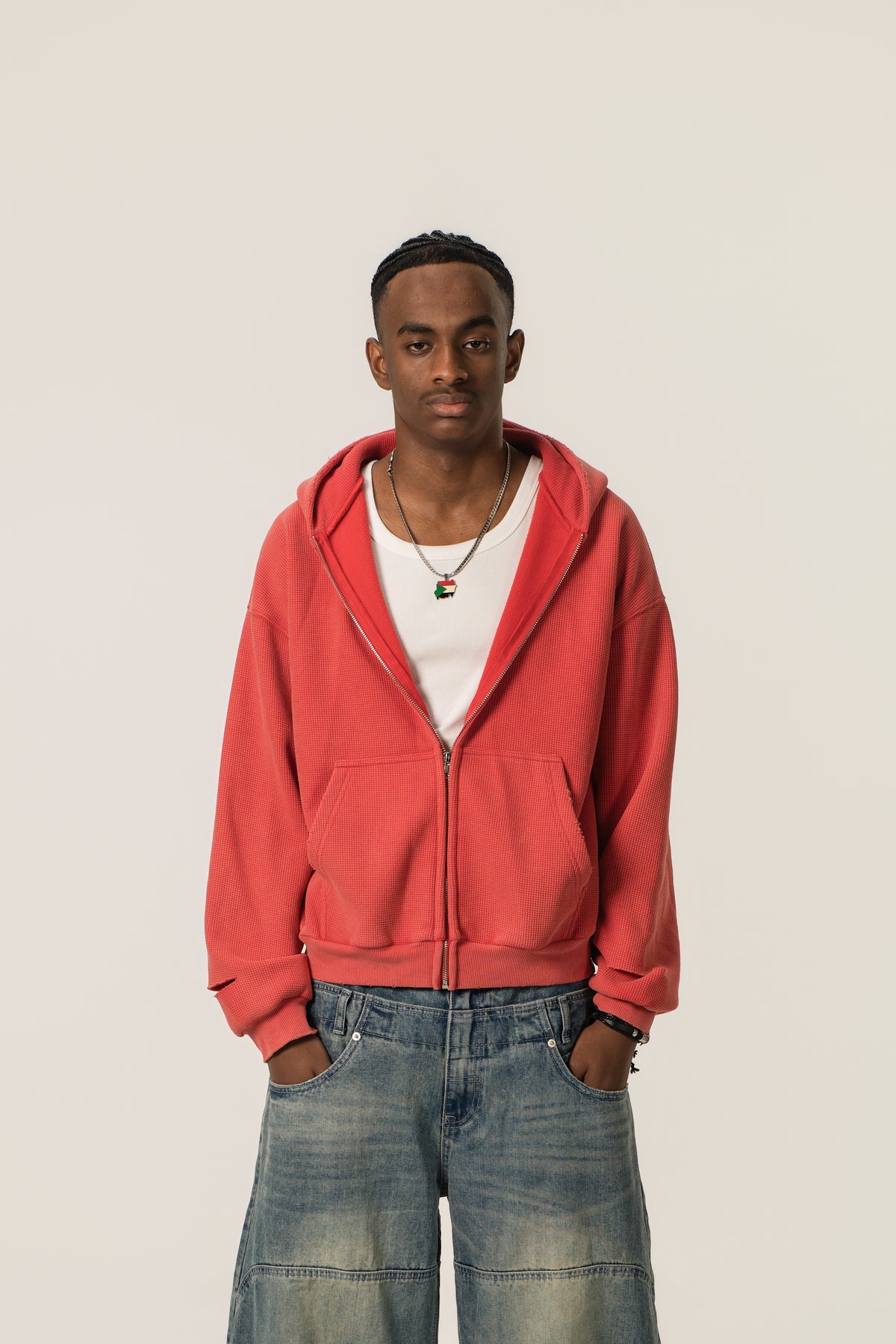 Distressed Waffle Zip up - RoseRed