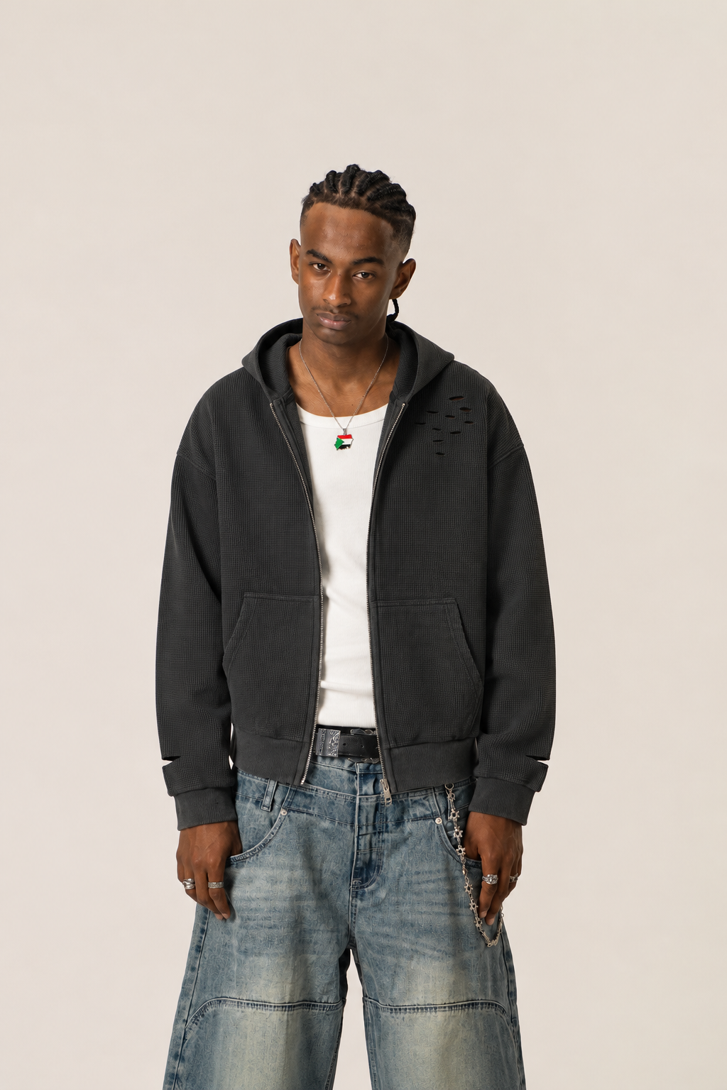 Distressed Waffle Zip up - Vintage