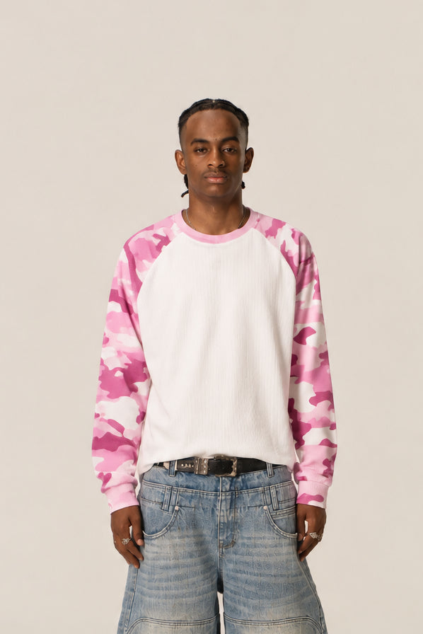 Raglan Waffle Sweatshirt - PinkCamo