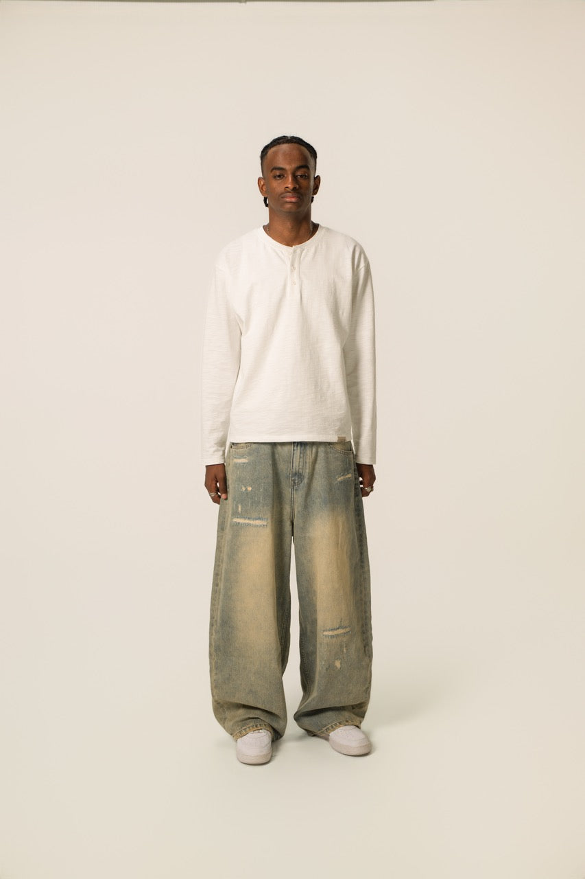 Slub Henley Sweatshirt - White