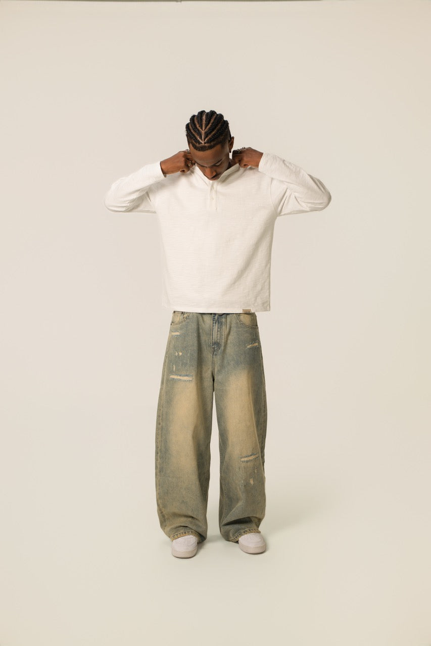 Slub Henley Sweatshirt - White