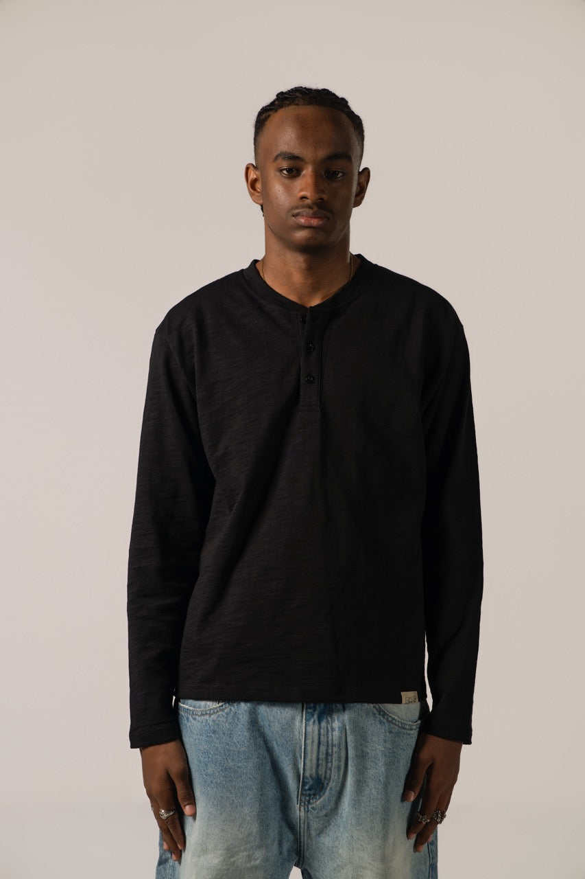 Slub Henley Sweatshirt - Black