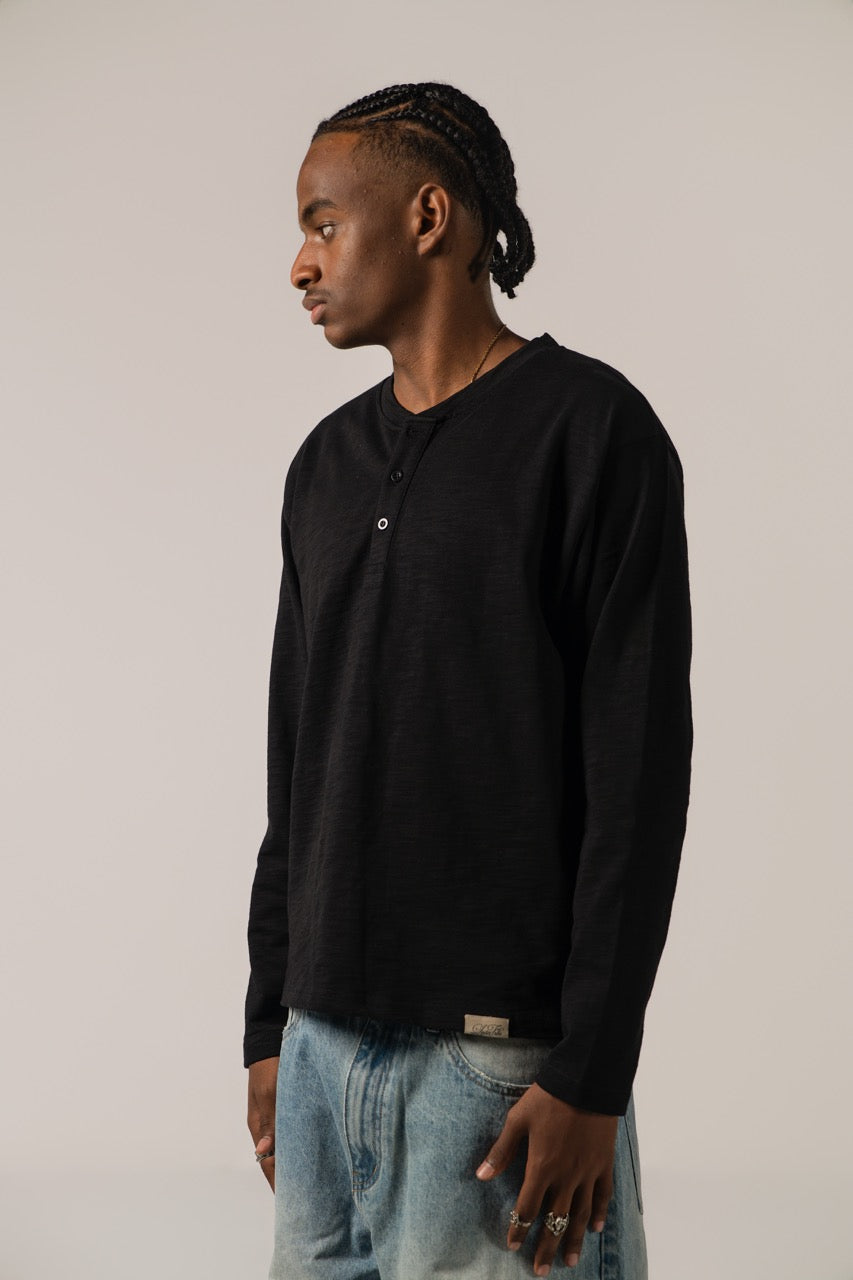 Slub Henley Sweatshirt - Black