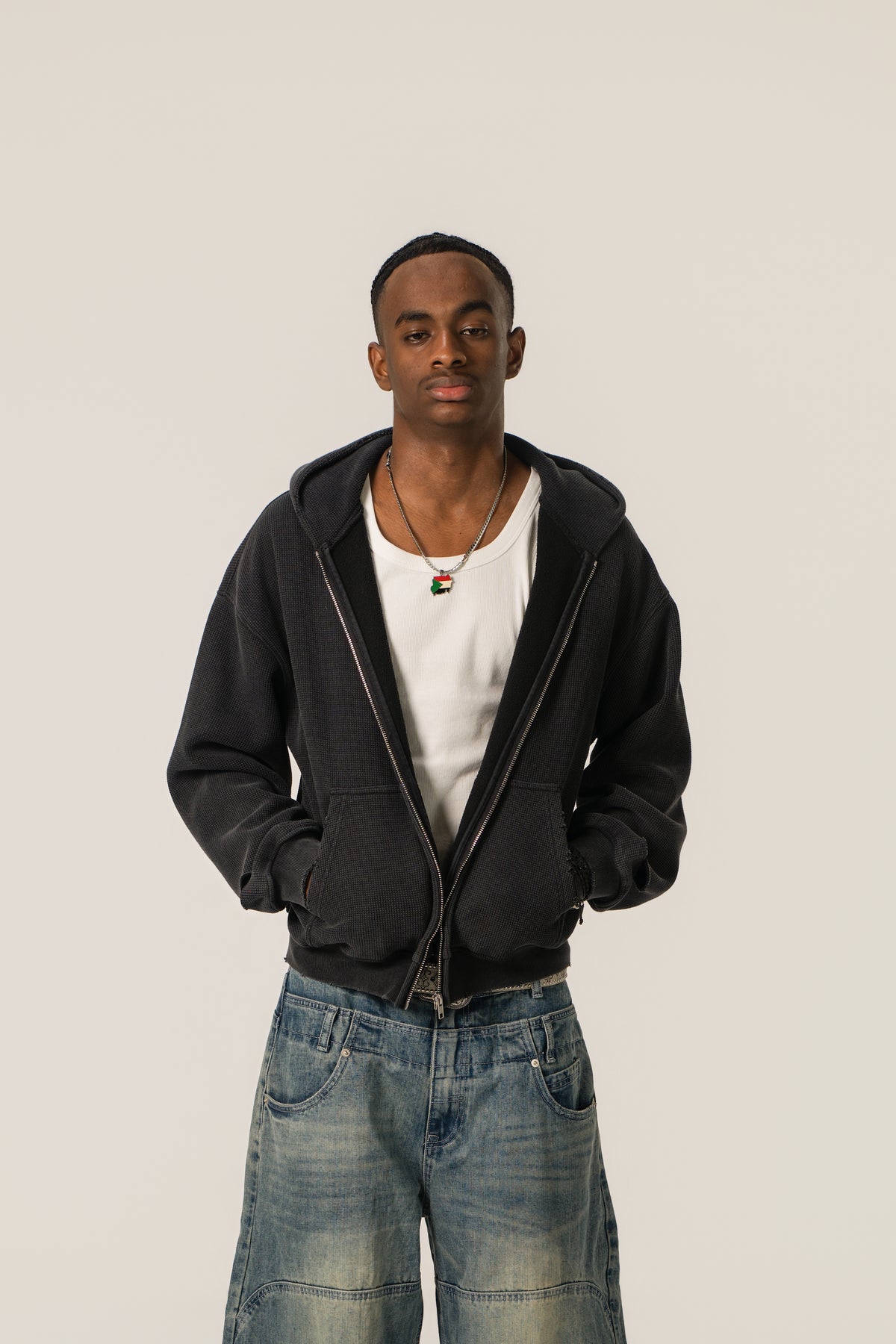 Distressed Waffle Zip up - Vintage