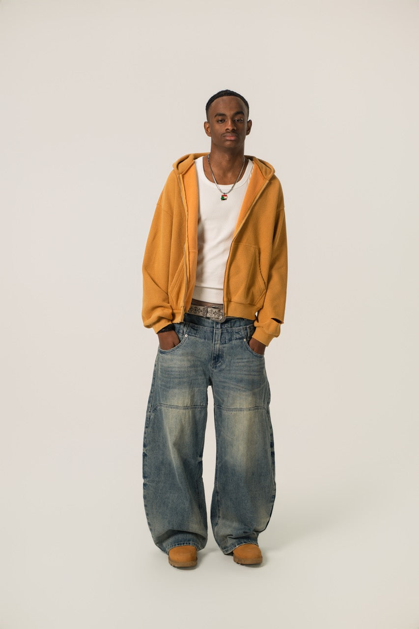 Distressed Waffle Zip up - Gold