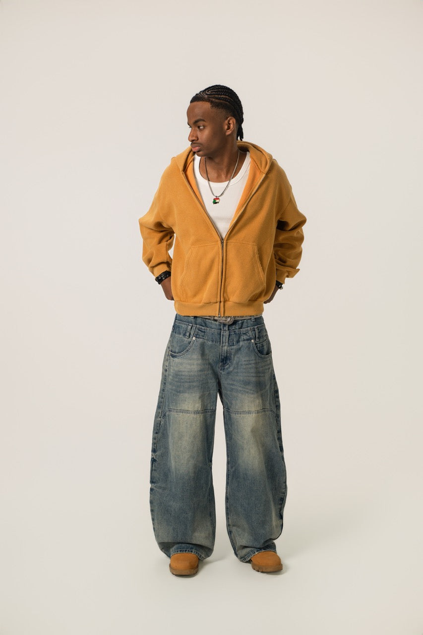 Distressed Waffle Zip up - Gold