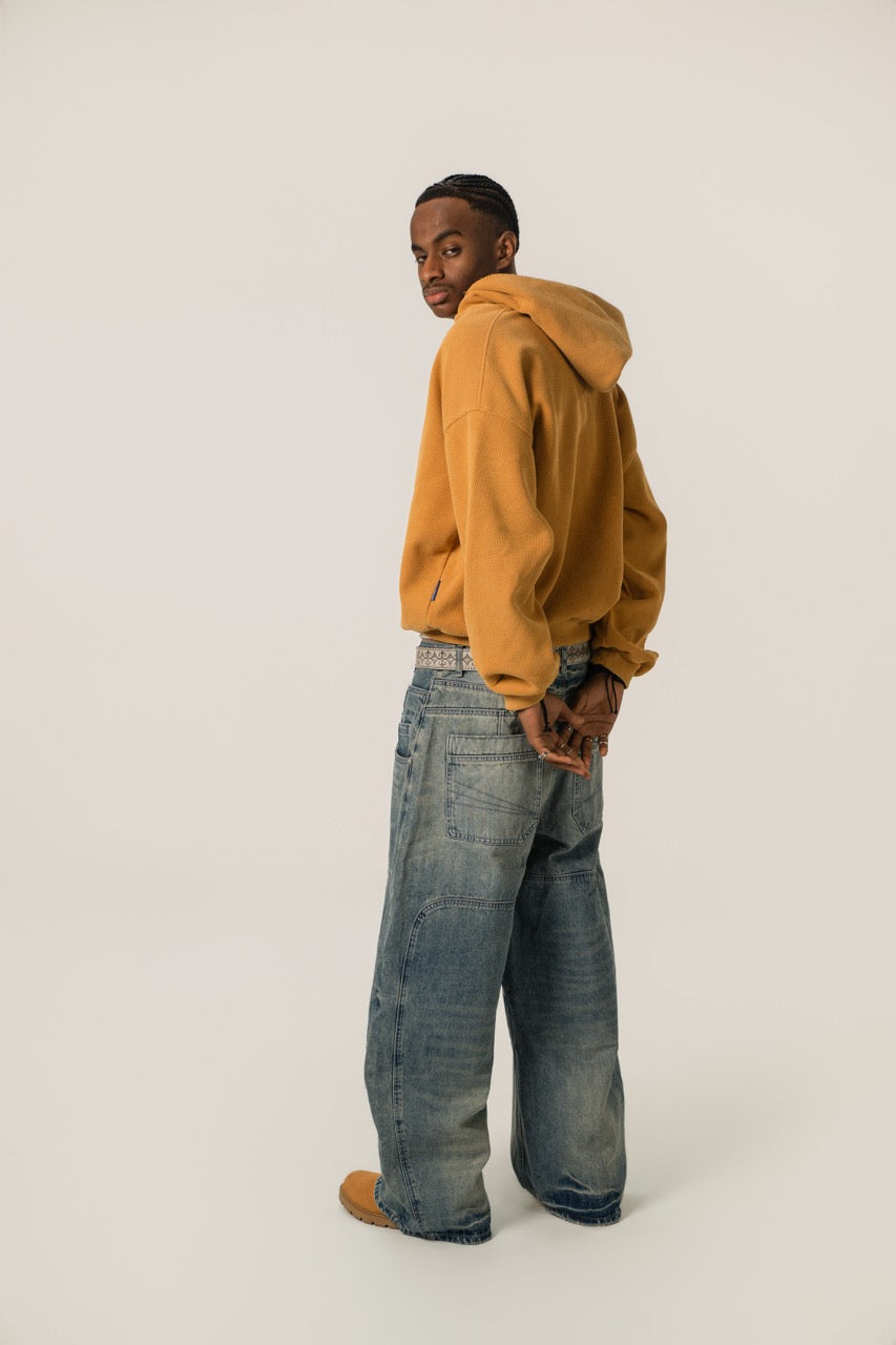 Distressed Waffle Zip up - Gold