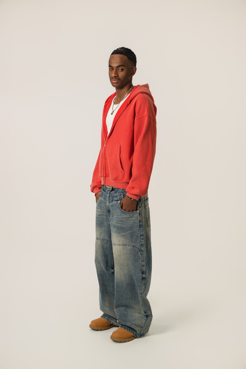 Distressed Waffle Zip up - RoseRed