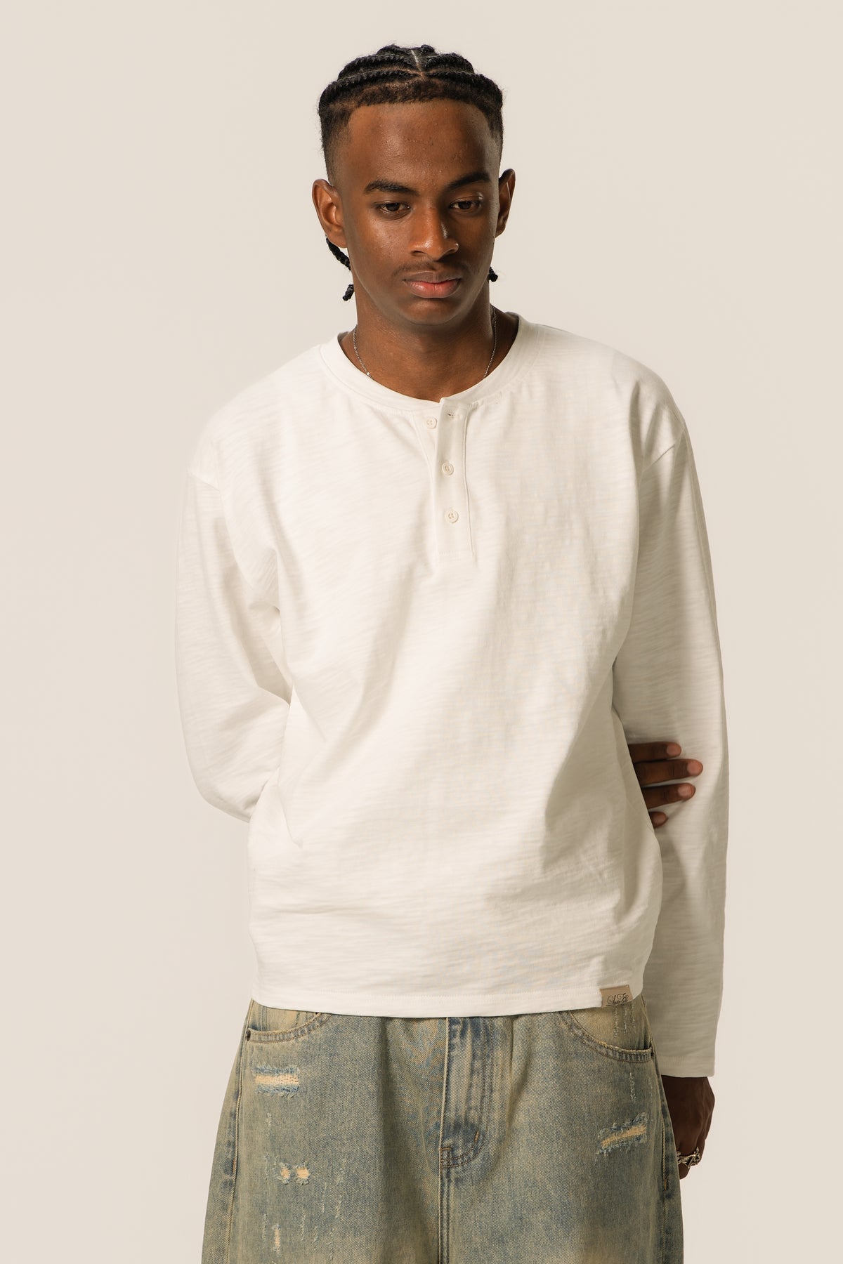 Slub Henley Sweatshirt - White