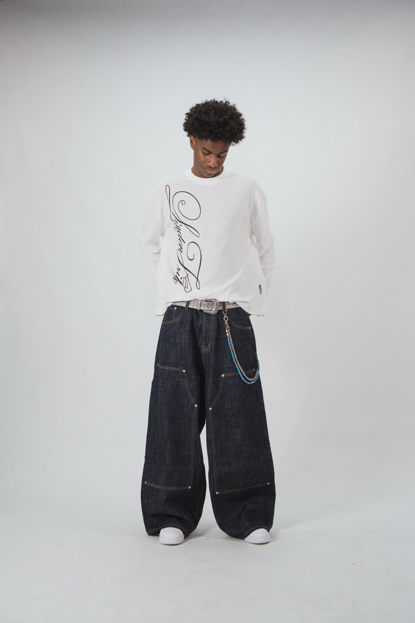 Denim de doble rodilla con orillo